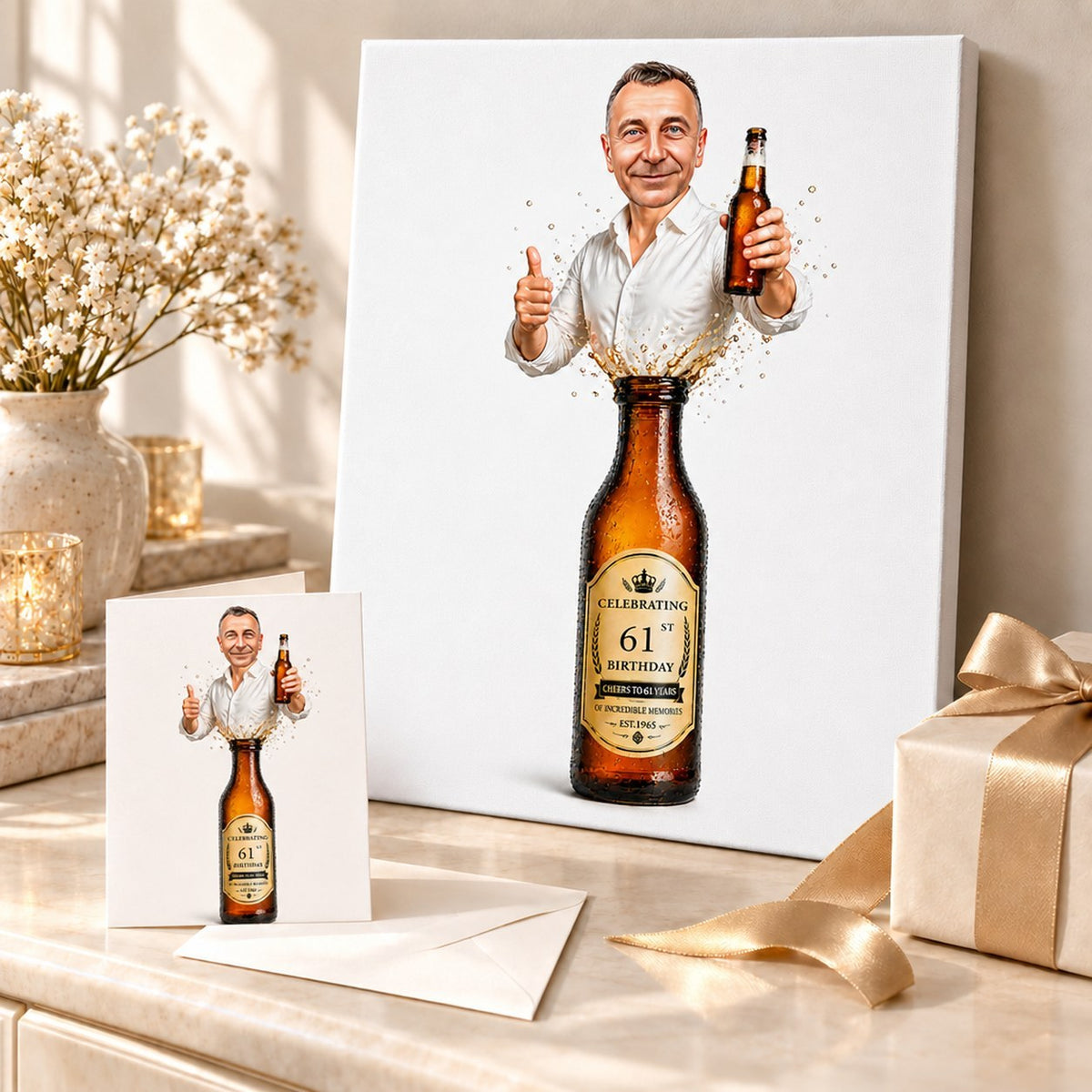Canvas and greeting card with beer birthday caricature, gift-ready beside ribbon and confetti.