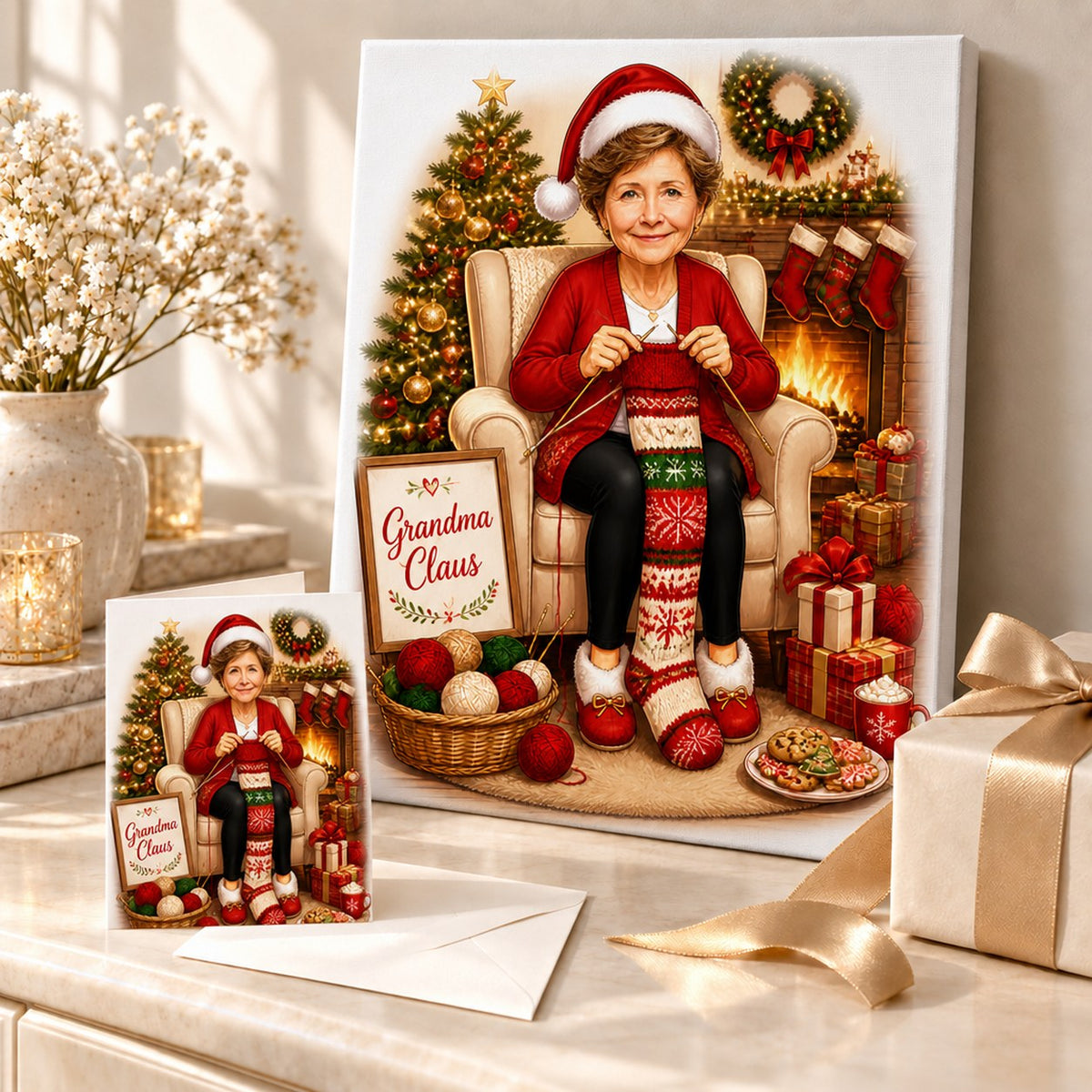 Stretched canvas and 5x7 card of Grandma Claus caricature arranged with wrapped holiday gifts.