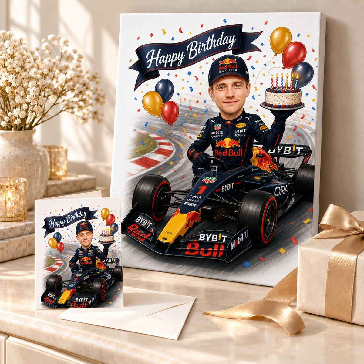 Racing caricature printed on canvas and greeting card beside wrapped gifts and confetti.