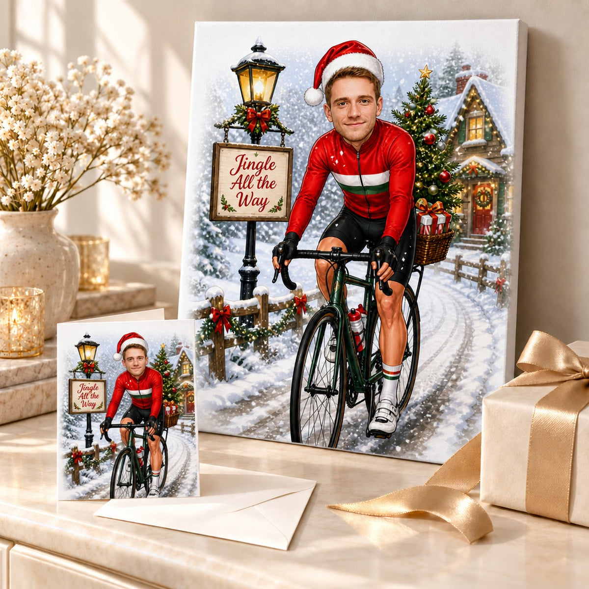 Christmas cyclist caricature on canvas and greeting card beside wrapped presents and tree.