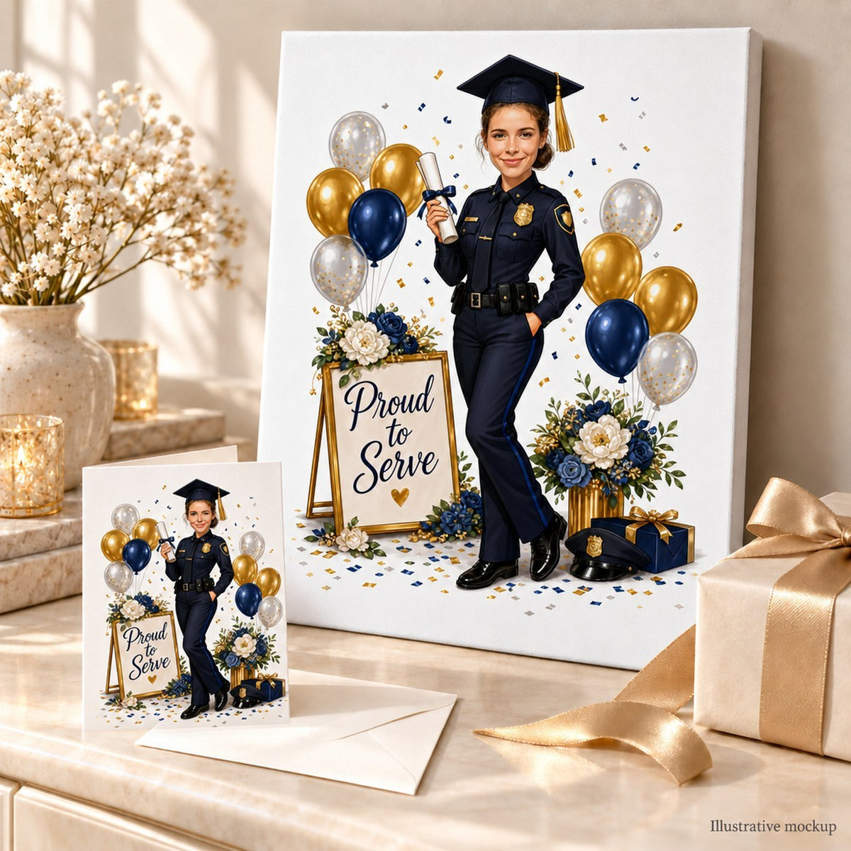 Canvas and greeting card of police graduation caricature beside wrapped gift and flowers