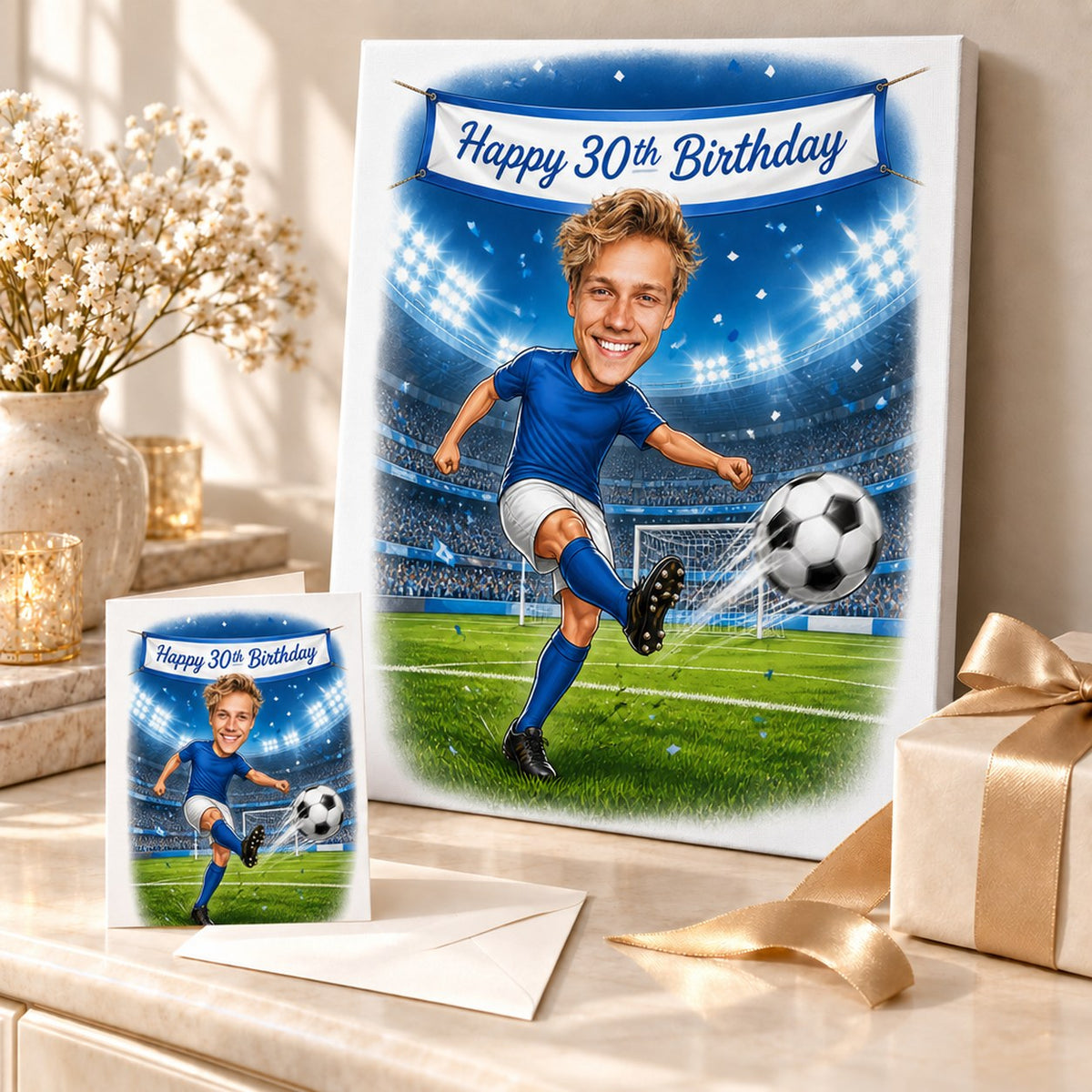 Soccer caricature on canvas and 5x7 card, gift box and confetti.