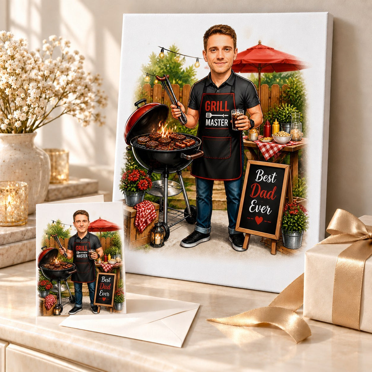 Grill Master caricature printed on canvas and card, ready as Father’s Day gift