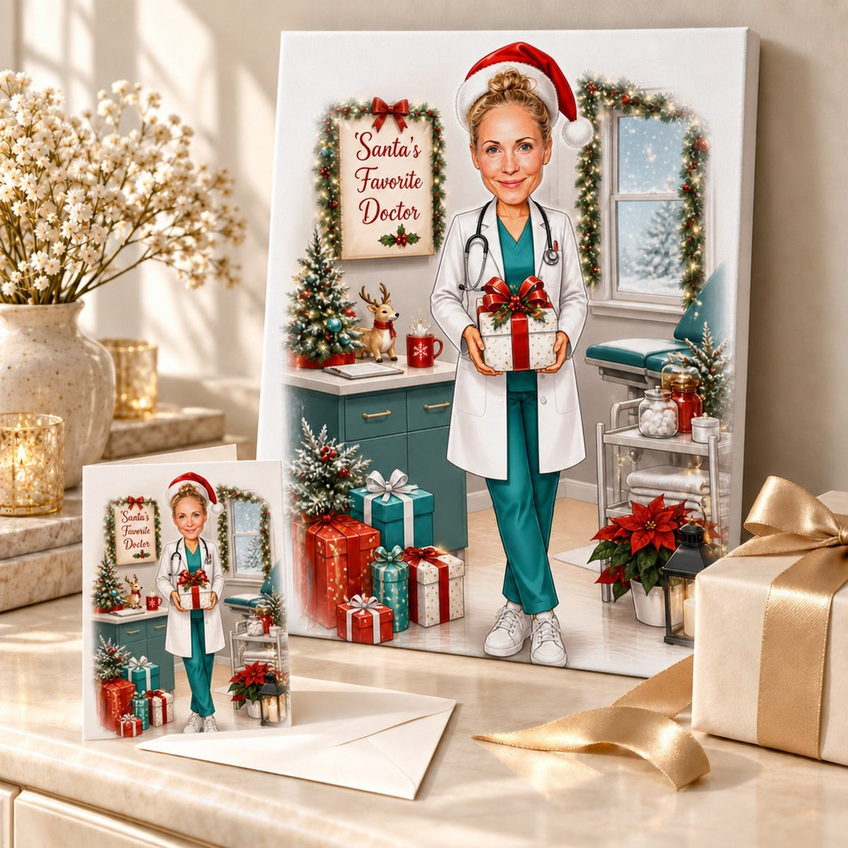 Doctor Christmas caricature shown as stretched canvas and 5x7 card in a gift scene.