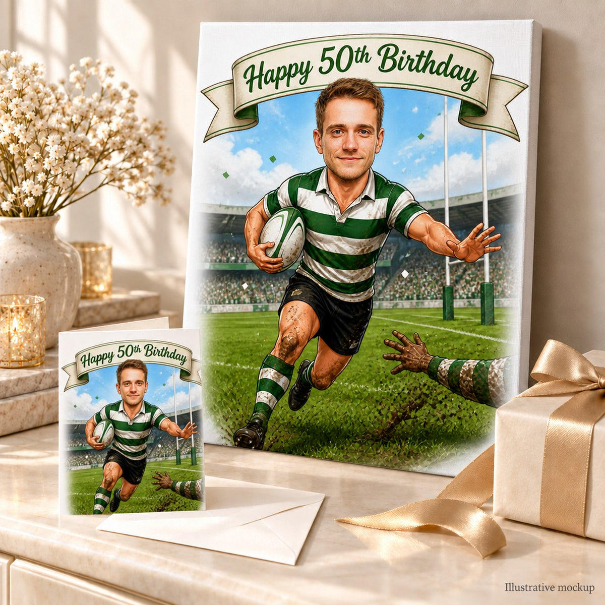 Rugby caricature printed on stretched canvas and 5x7 greeting card in gift scene.