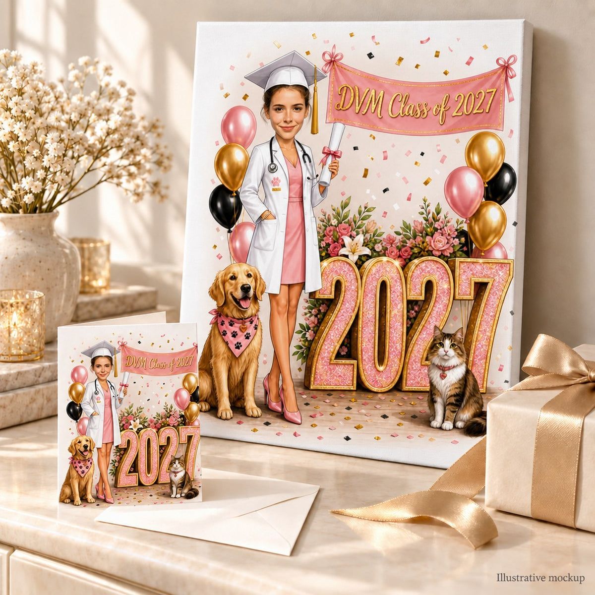Stretched canvas and 5x7 greeting card of vet graduation caricature presented as a celebratory gift.