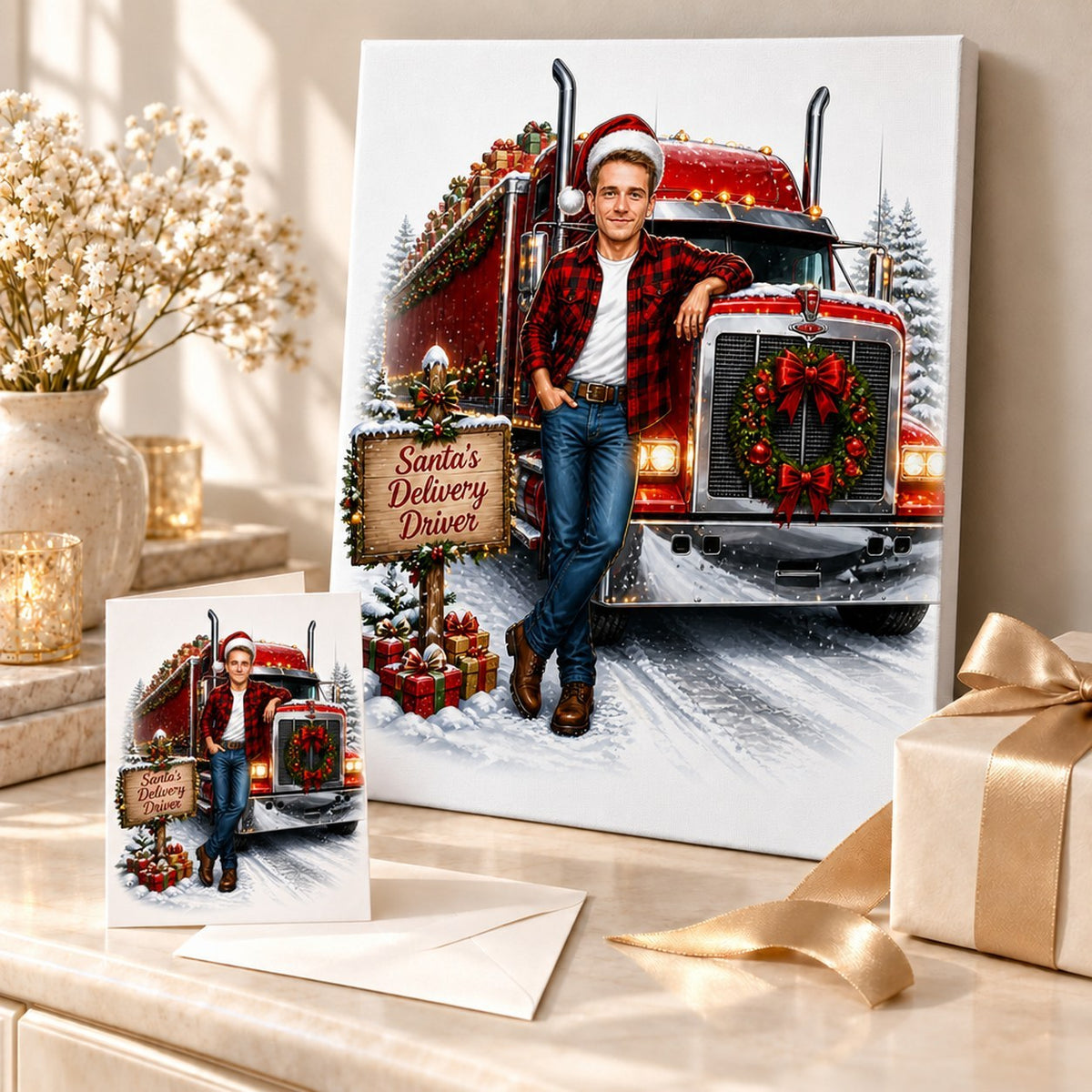 Stretched canvas and 5x7 card showing personalized trucker Christmas caricature gift scene.