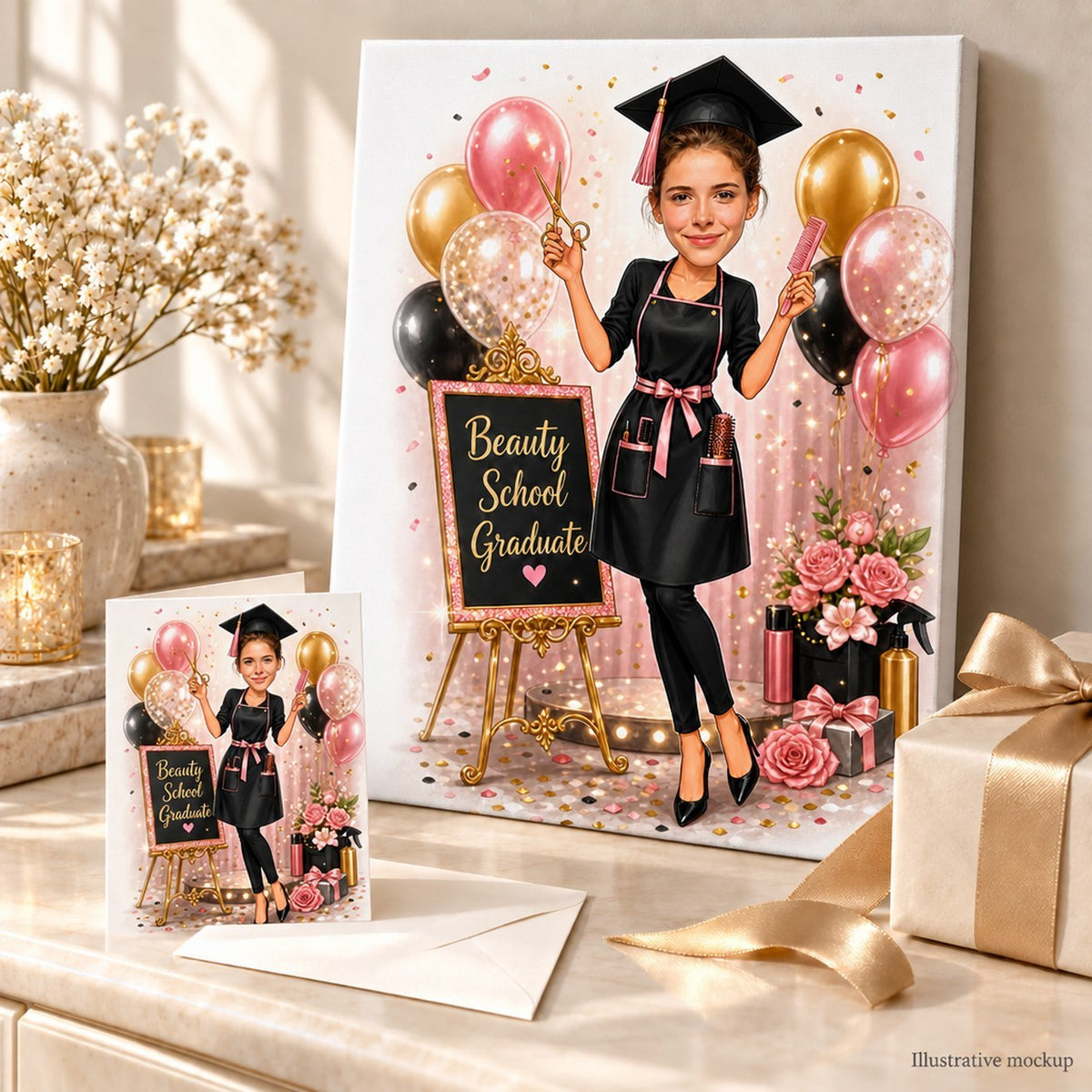Cosmetology graduation caricature printed on canvas and 5x7 card displayed with wrapped gifts and balloons.