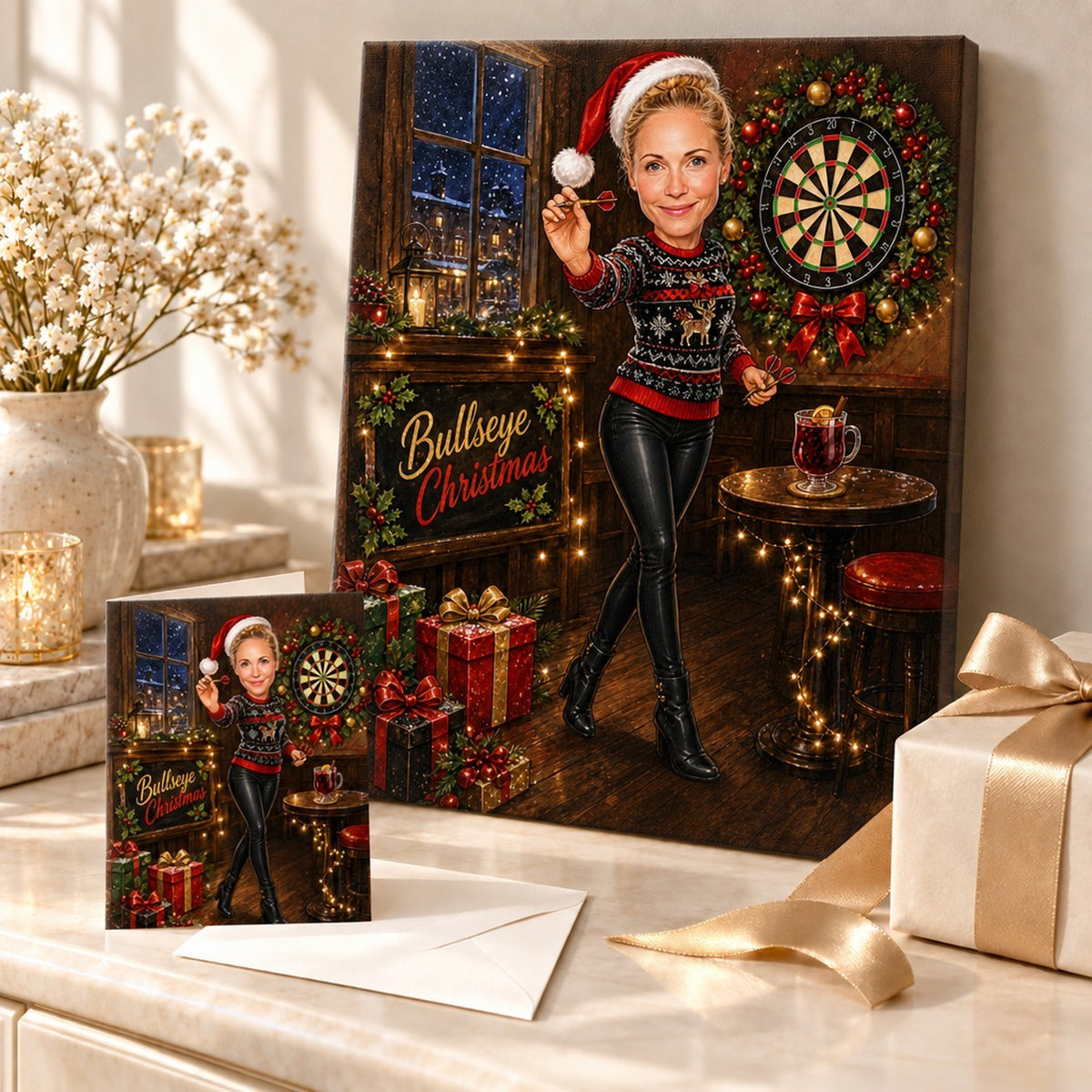 Canvas and greeting card of custom darts Christmas caricature displayed with wrapped holiday gifts.