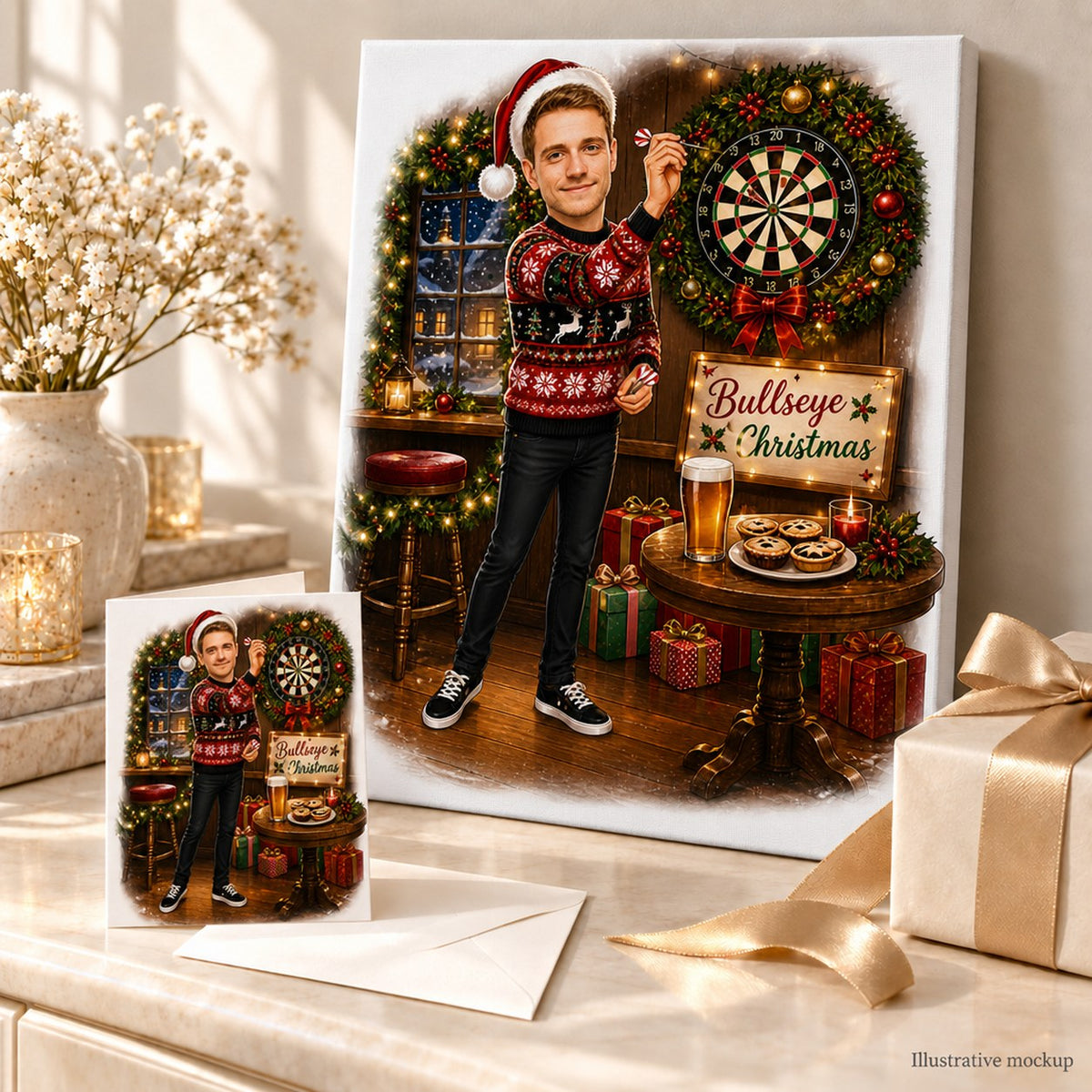 Personalized darts Christmas caricature on stretched canvas and 5x7 card with gift boxes.
