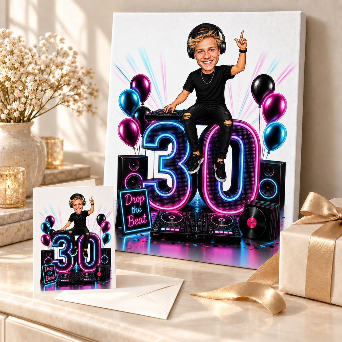 Canvas and greeting card of DJ birthday caricature with neon number and decks.