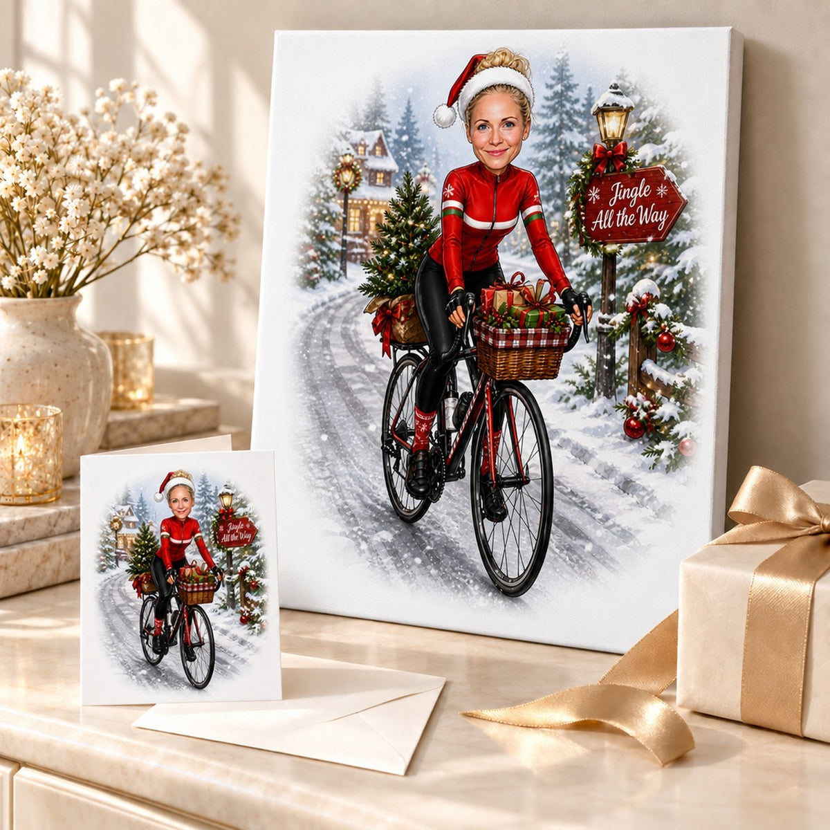 Christmas cycling caricature on canvas and card arranged with ribbons and pine decor.