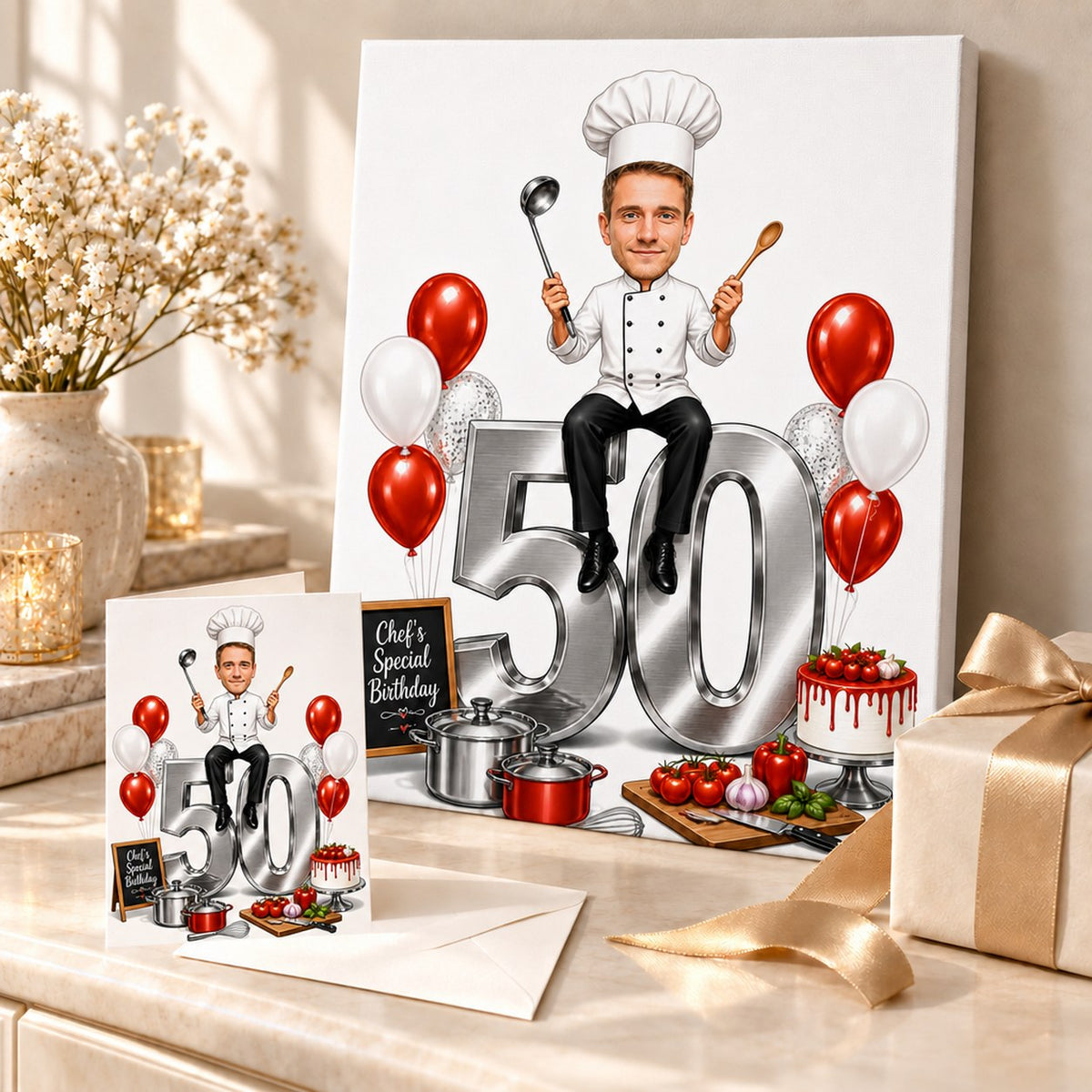 Chef birthday caricature on canvas and 5x7 card beside wrapped gift and balloons.