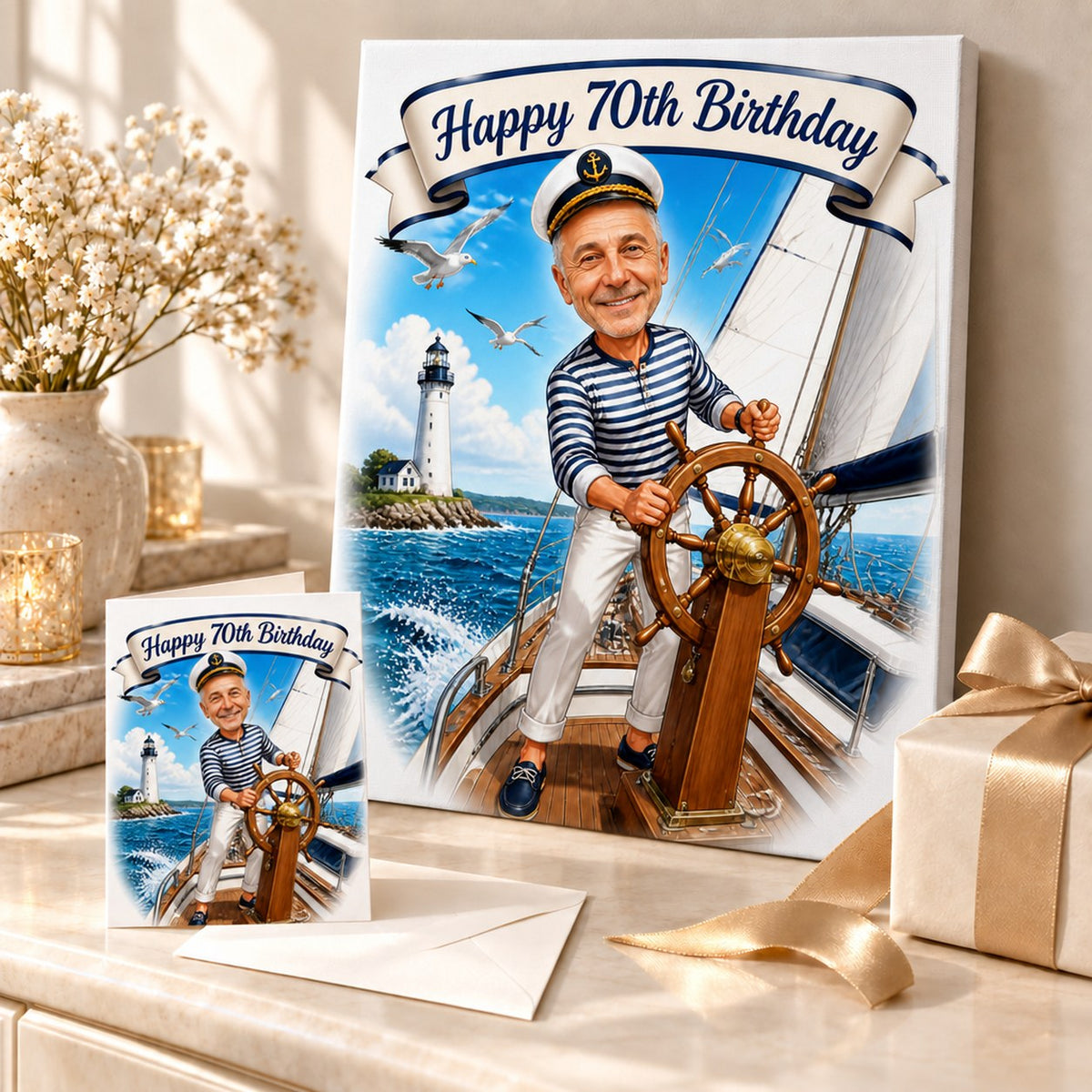 Sailing caricature printed on stretched canvas and 5x7 card arranged as a gift.
