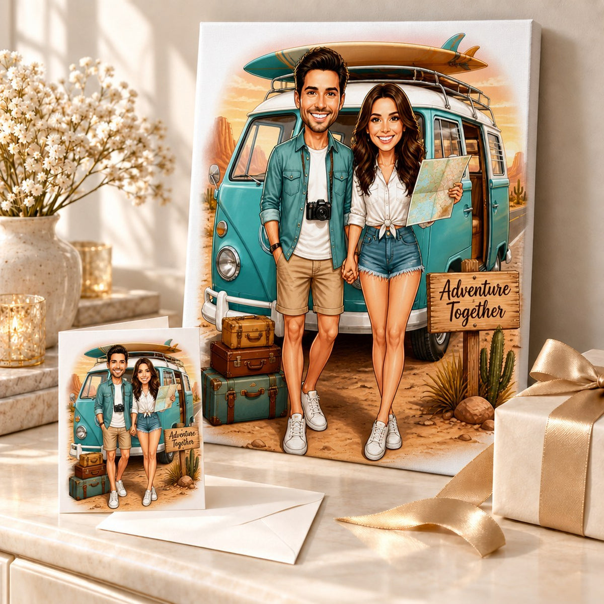 Road trip couple caricature shown on canvas and a 5x7 greeting card in a gift setup.