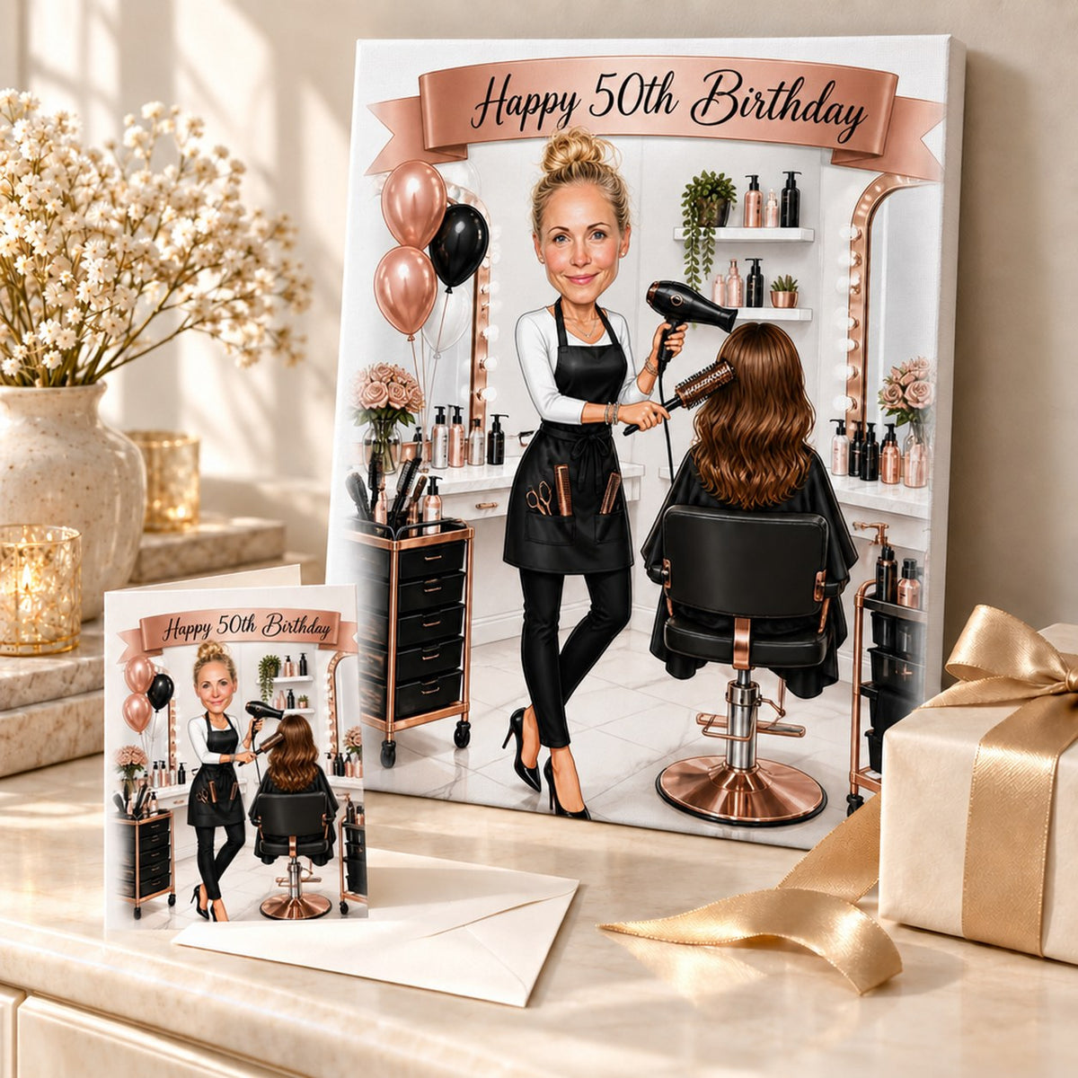 Hairstylist birthday caricature on canvas and 5x7 card, ready for gifting