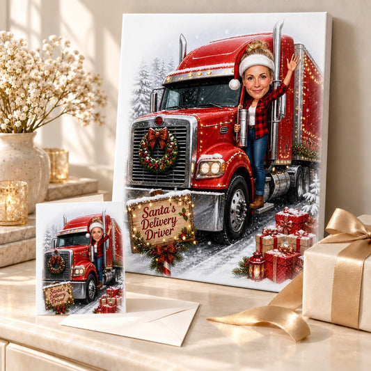 Red trucker Christmas caricature printed on canvas and 5x7 card beside wrapped presents.