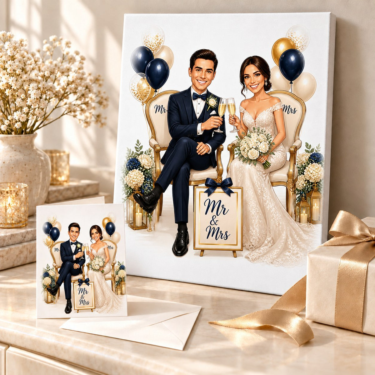 Wedding couple caricature on canvas and greeting card beside flowers and ribbon.