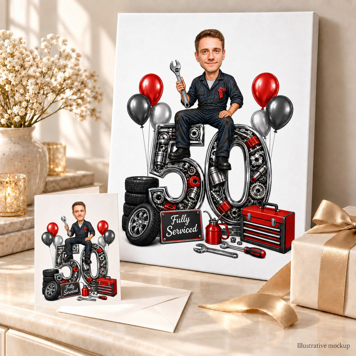 Mechanic cartoon printed on canvas and greeting card displayed in a birthday gift setup.