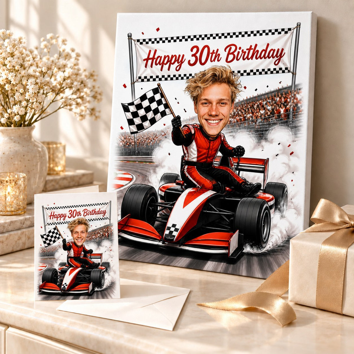 Racing driver cartoon printed on stretched canvas and 5x7 greeting card, gift-ready