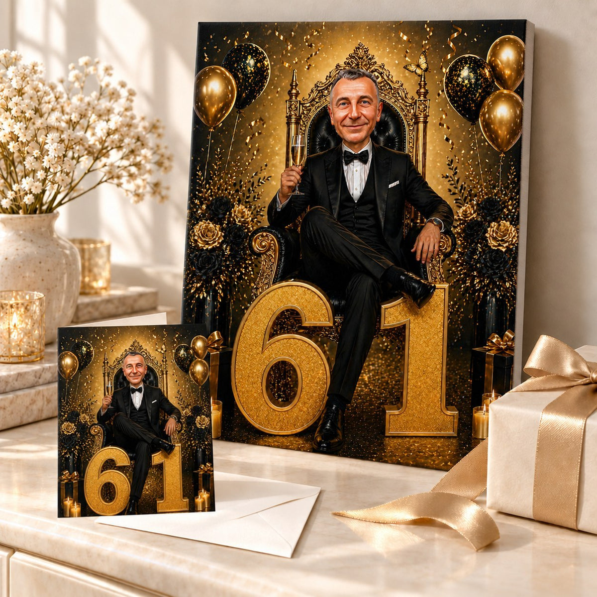 Stretched canvas and 5x7 card of throne design beside ribboned gifts and balloons.