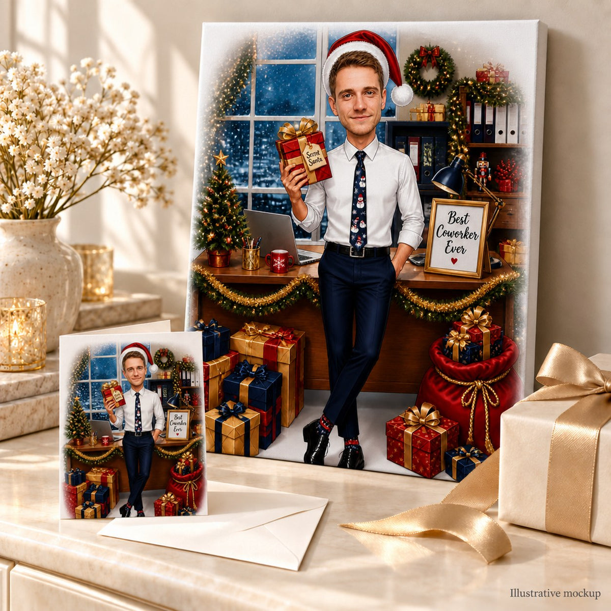 Stretched canvas and 5x7 card of Secret Santa office caricature among wrapped presents