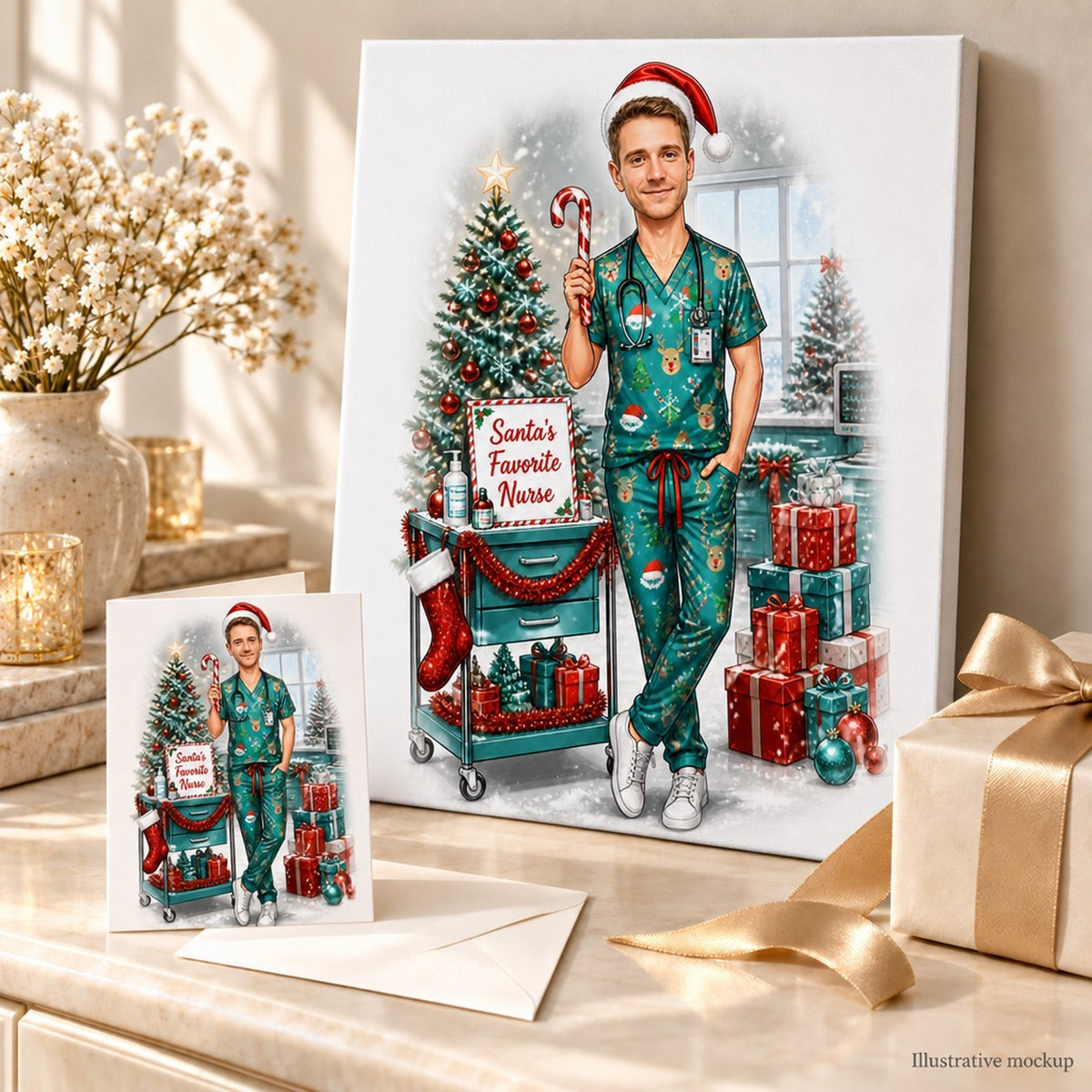 Canvas and greeting card of custom nurse Christmas caricature displayed with ornaments and wrapped gifts.