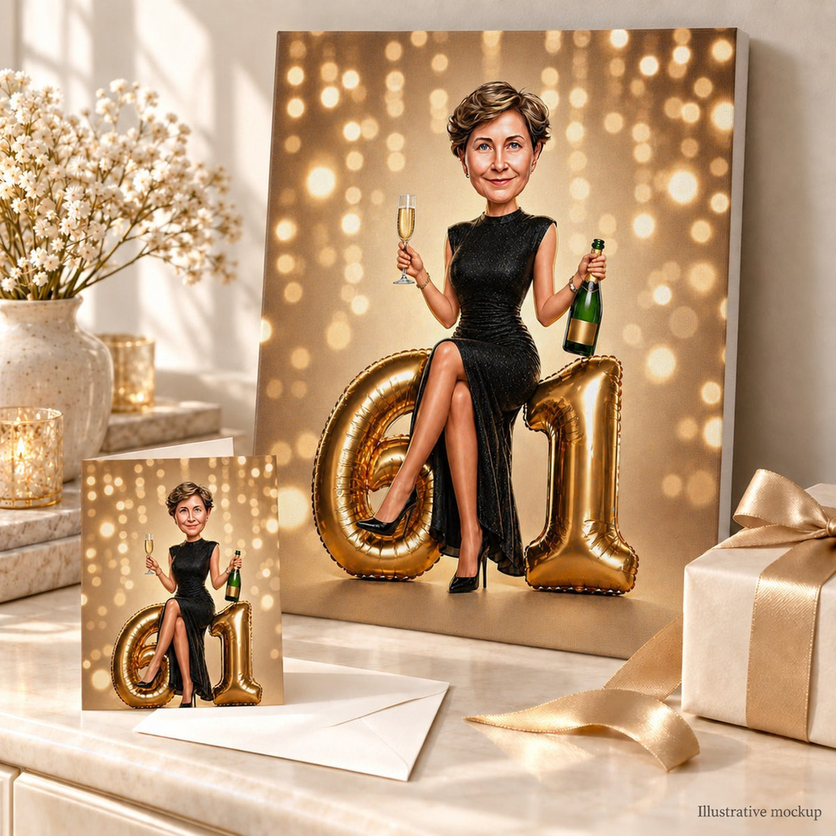 Stretched canvas and 5x7 card of champagne birthday caricature ready to gift for her.