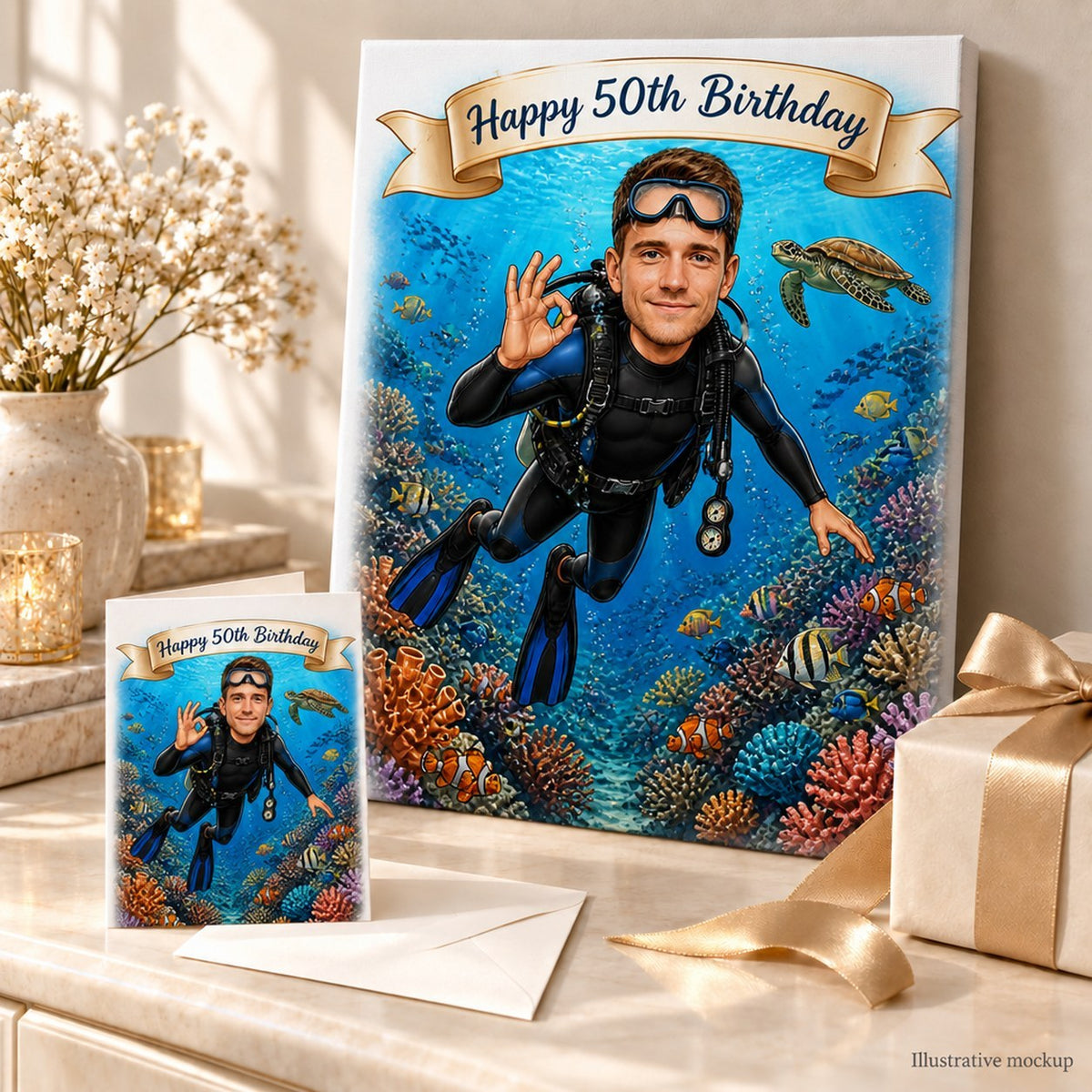 Scuba diver caricature printed on canvas and card, ready to gift for birthdays.