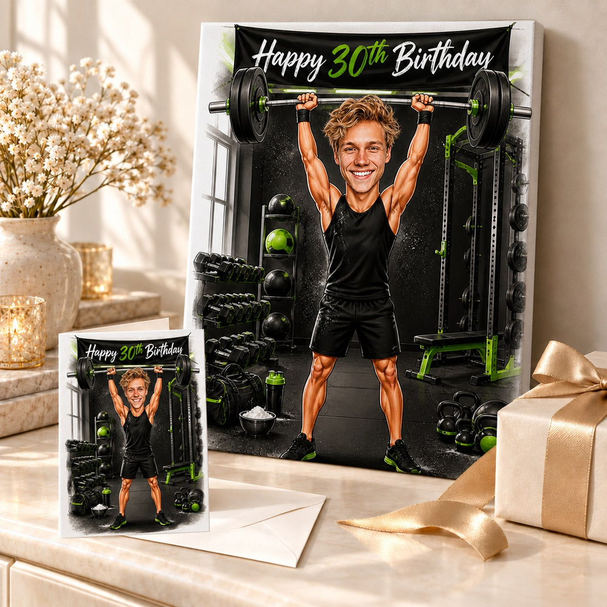 Weightlifting birthday caricature printed on canvas and card, ready to gift to a fitness fan