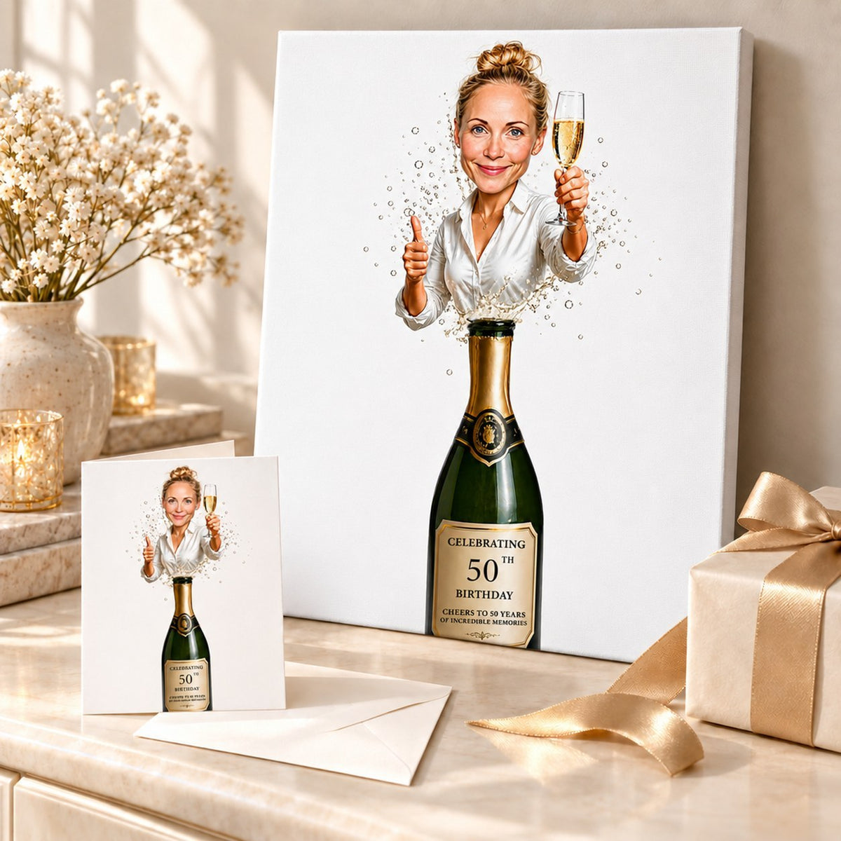 Champagne birthday caricature on canvas and greeting card with ribbon and confetti