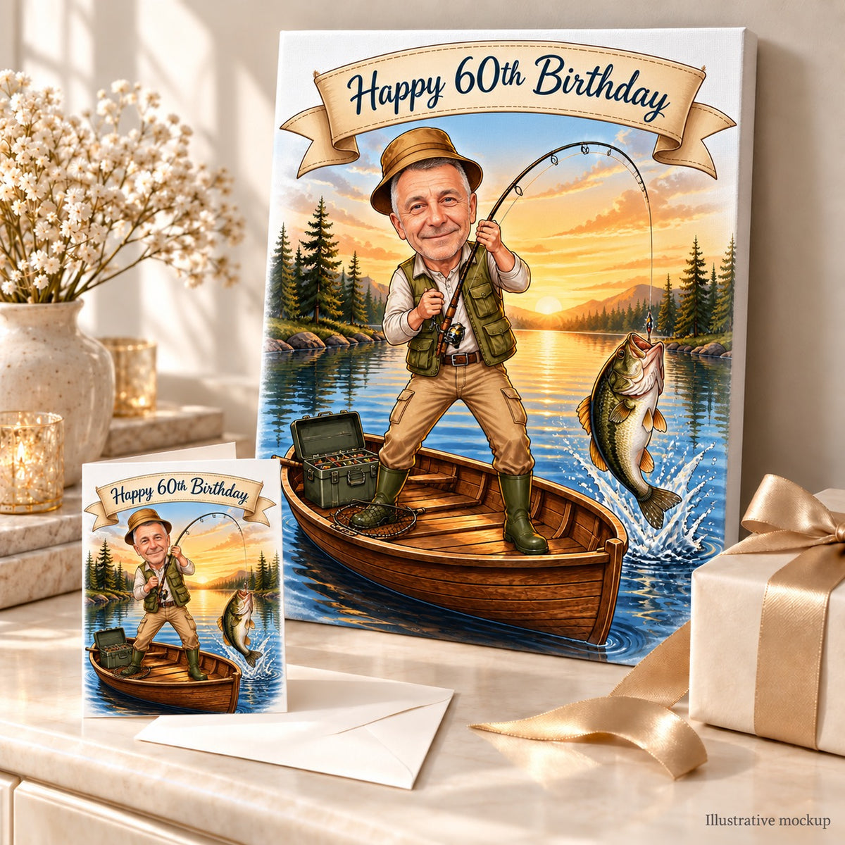 Canvas and greeting card of custom fishing caricature gift displayed with tackle and ribbon.