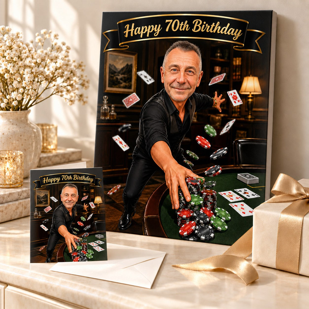 Stretched canvas and 5x7 greeting card of poker caricature shown with chips
