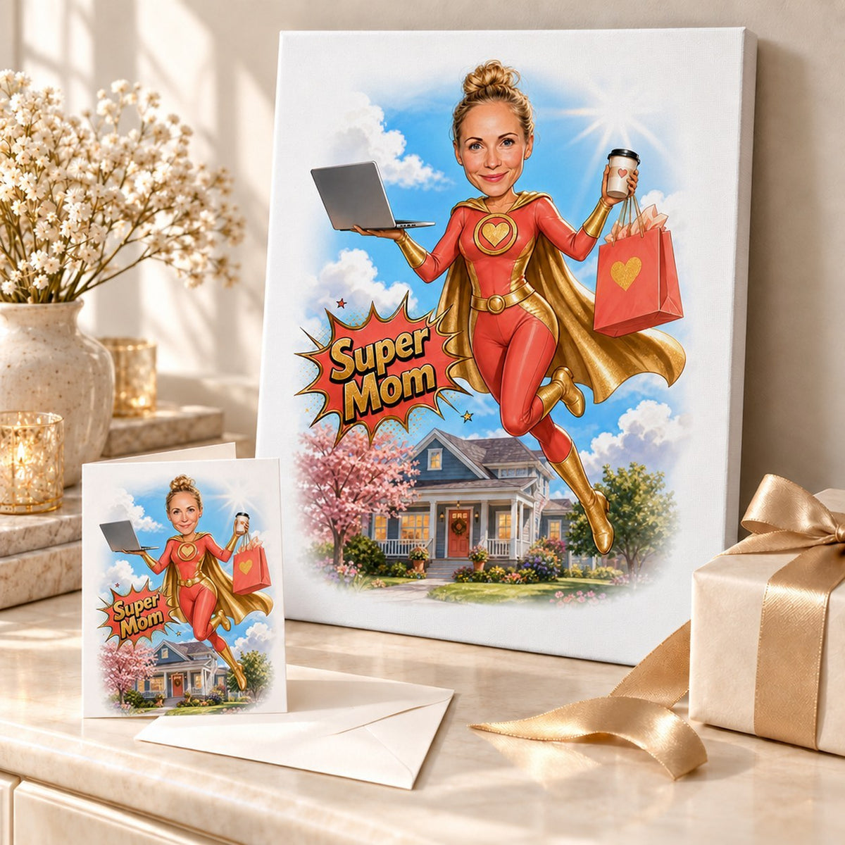 Super Mom design printed on canvas and greeting card in a gift-ready scene