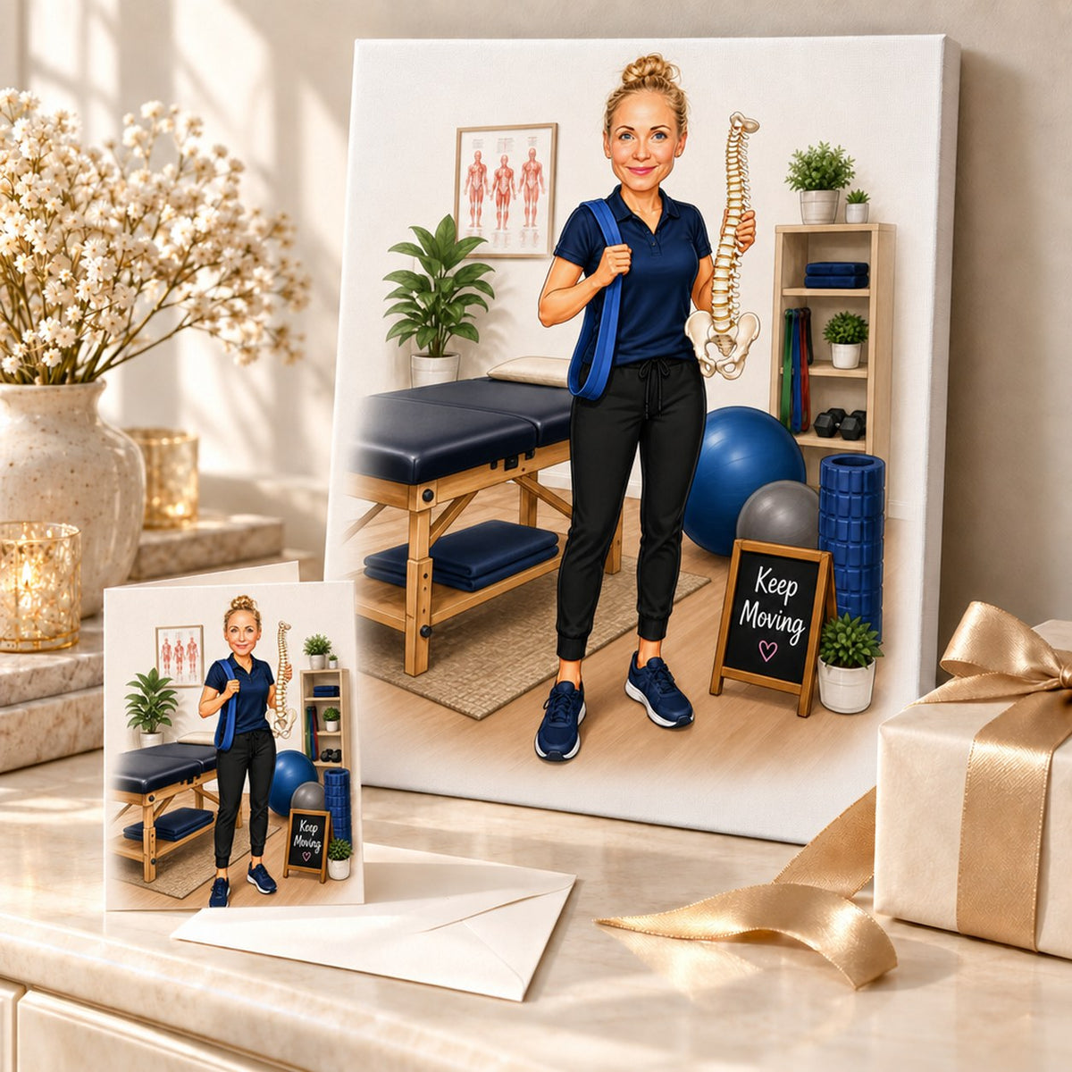 Canvas and greeting card of custom PT caricature displayed with gift ribbon and envelope.
