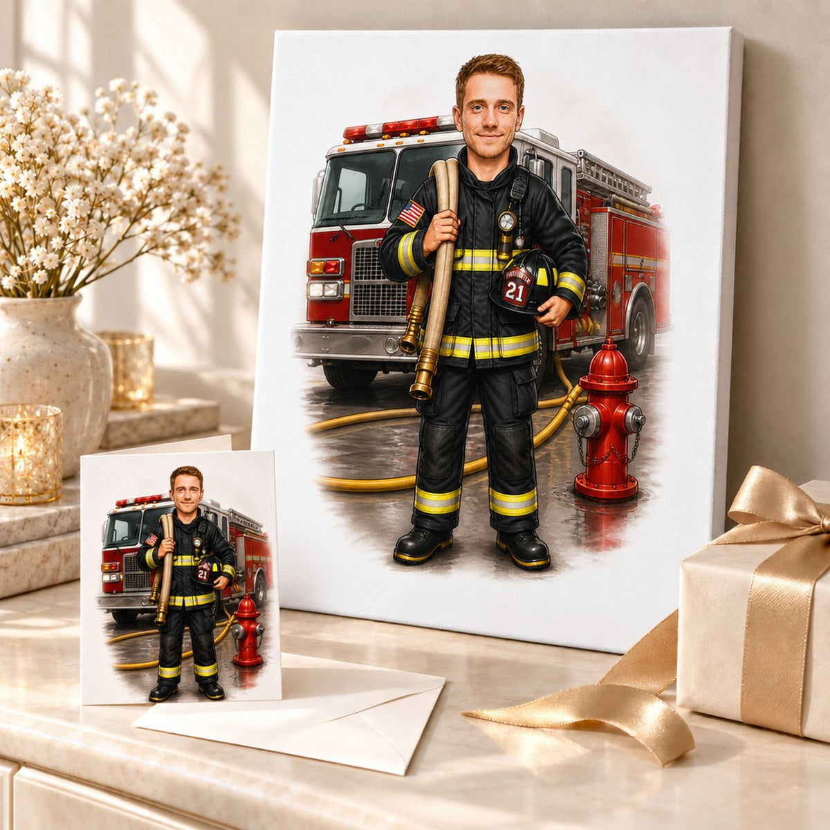 Firefighter caricature printed on canvas and 5x7 card, ready for gifting.