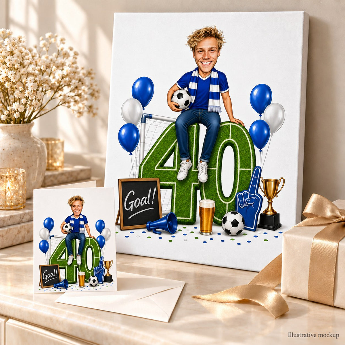 Soccer birthday caricature on canvas and card beside trophy, balloons, and wrapped gift.