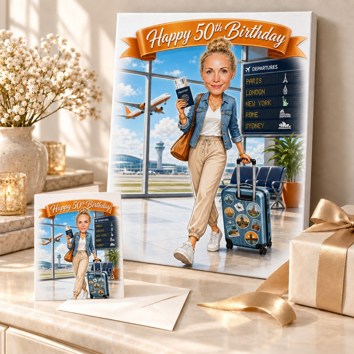World traveler caricature on canvas and greeting card displayed beside a wrapped gift.