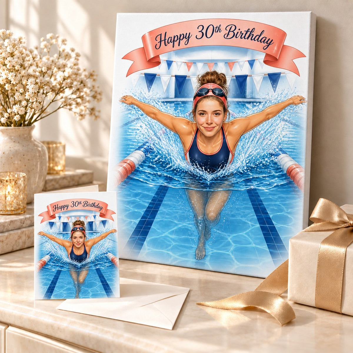 Swimmer caricature displayed on stretched canvas and a 5x7 greeting card with envelope.