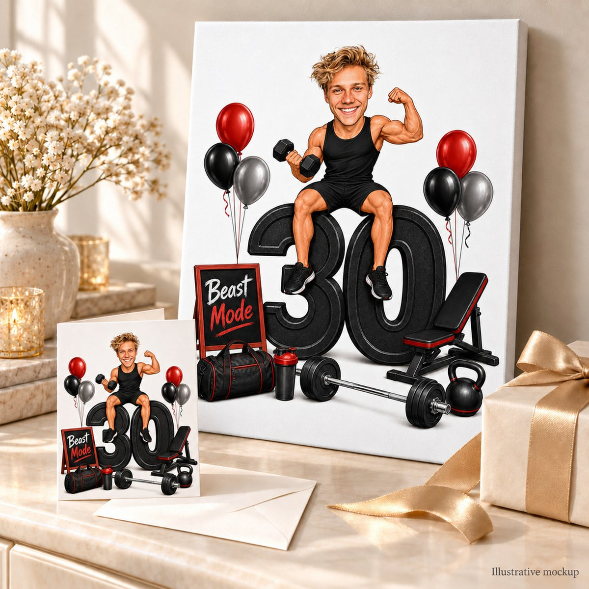 Canvas and greeting card of gym birthday caricature with balloons, weights, and shaker.