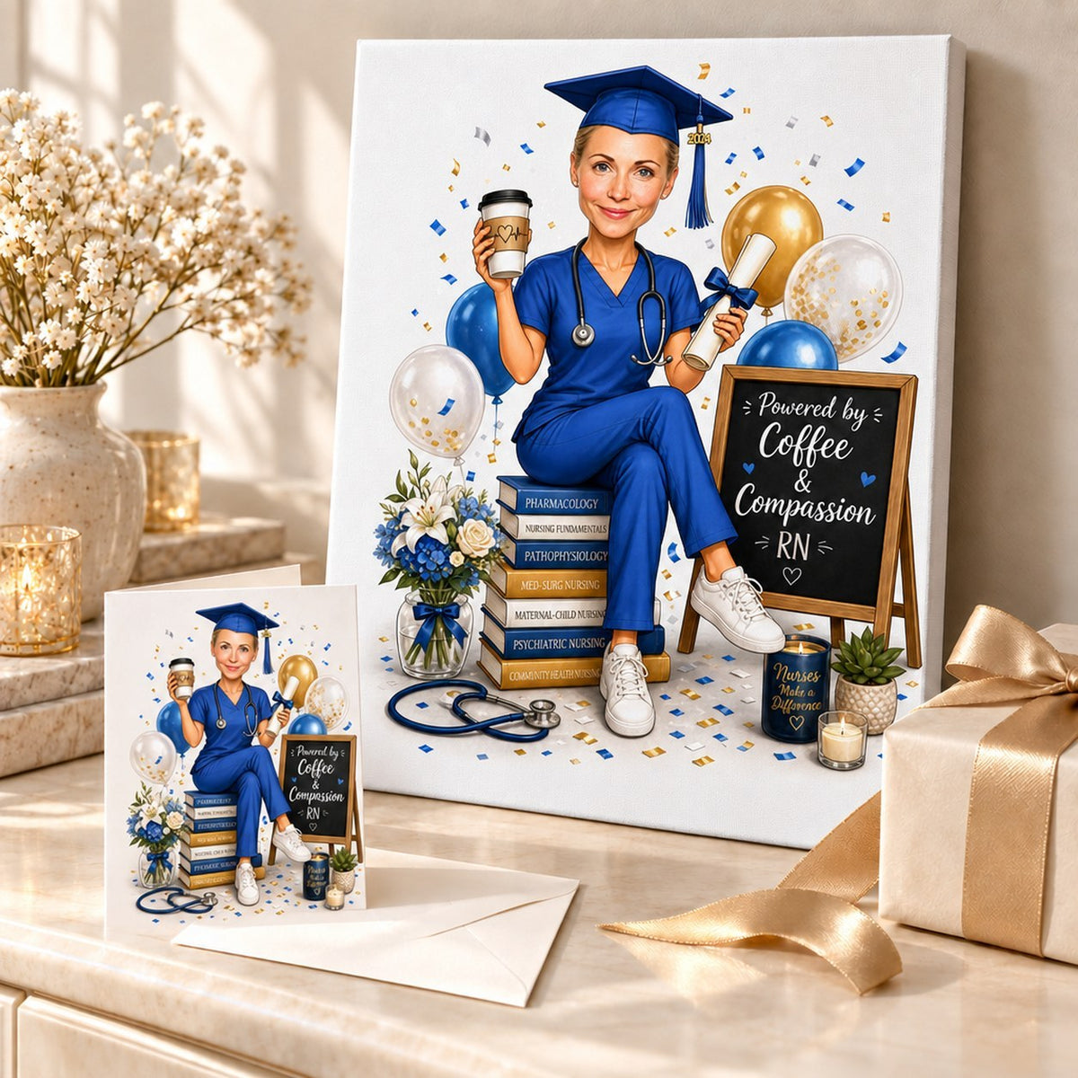 Nurse graduation caricature printed on canvas and 5x7 card arranged with ribbon and confetti.