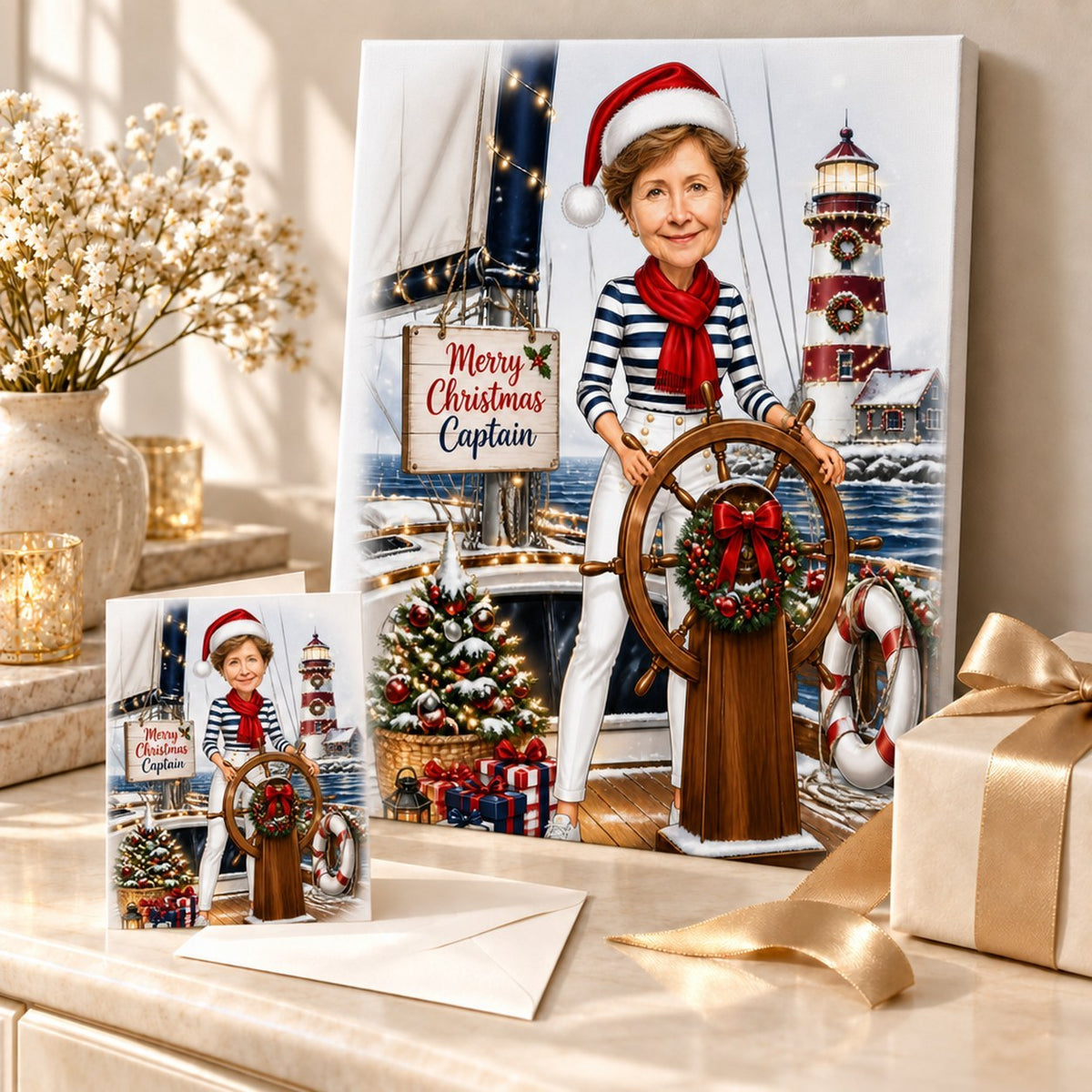 Stretched canvas and 5x7 greeting card shown as nautical Christmas gift with presents