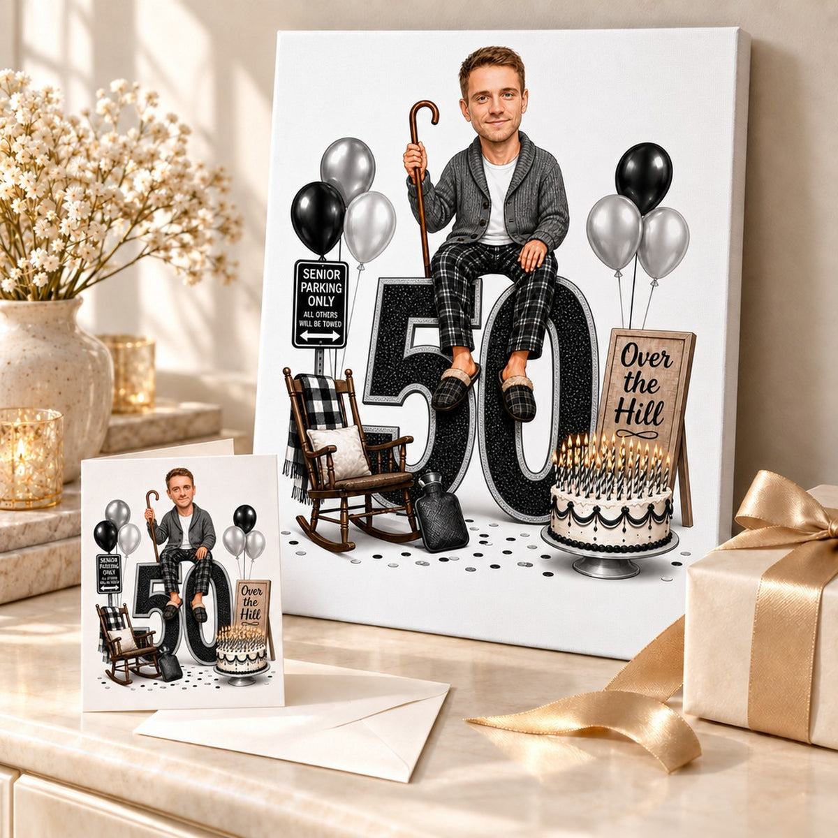 Over the Hill caricature on canvas and 5x7 card in a gift display.