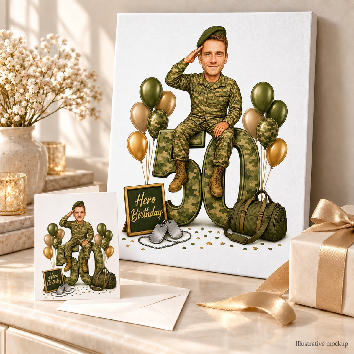 Military birthday caricature on stretched canvas and 5x7 card with festive confetti.