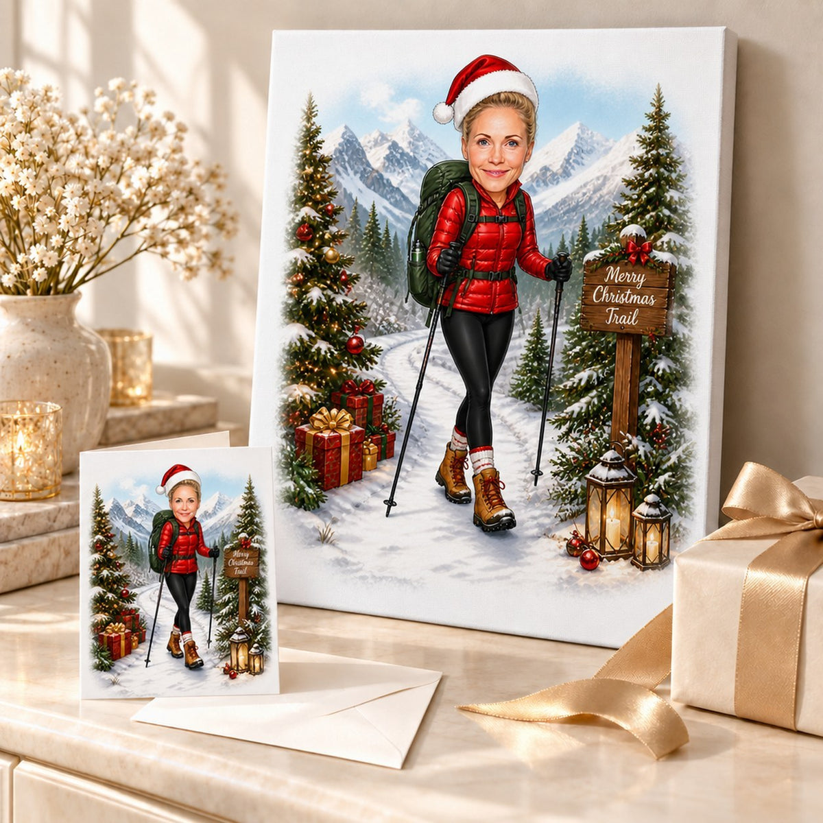Stretched canvas and 5x7 card of hiking Christmas caricature shown with gifts