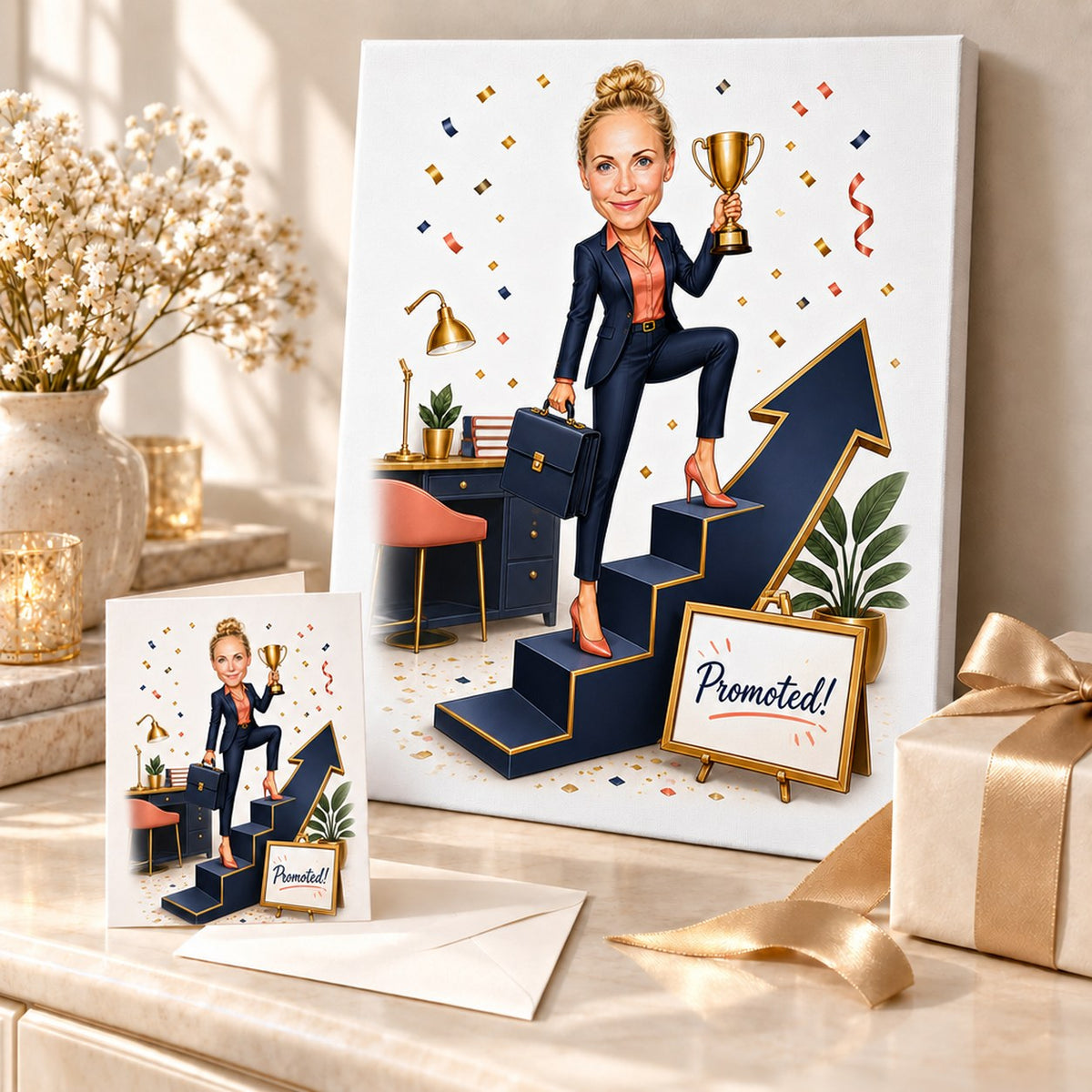 Promotion caricature shown on canvas and 5x7 card beside a celebratory gift box.