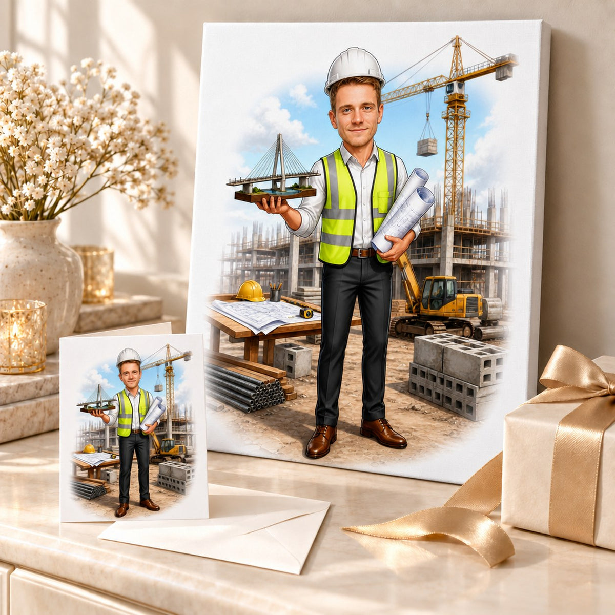 Civil engineer caricature shown on canvas and 5x7 card beside ribboned gift box.