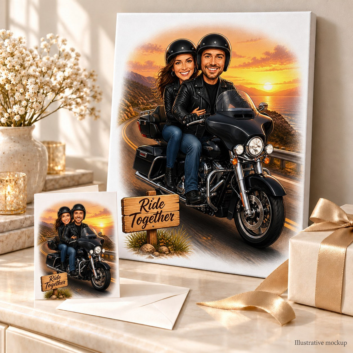 Printed canvas and 5x7 card of motorcycle couple caricature arranged as a romantic gift.