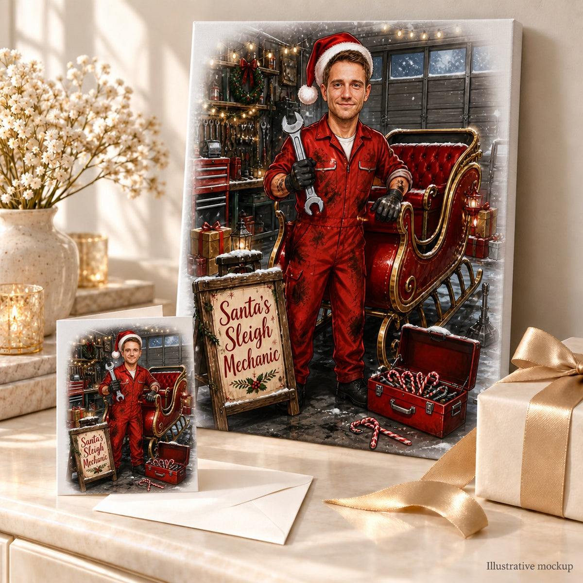 Stretched canvas and holiday card of custom sleigh mechanic caricature styled for Christmas gifting.