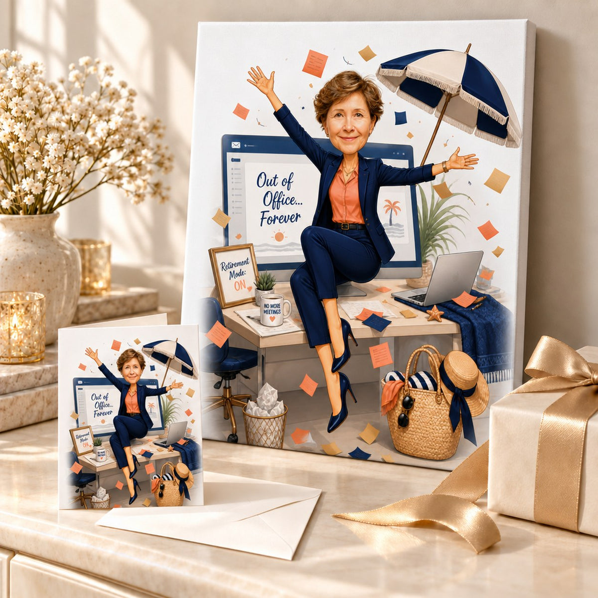 Stretched canvas and 5x7 greeting card of office retirement caricature ready to gift